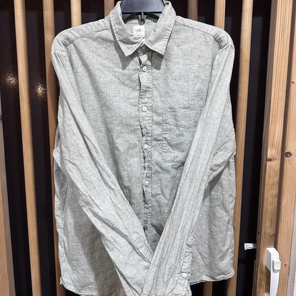 H&M Shirt Mens Size L Sage Green Long Sleeve Button Up Cotton Linen Minimalist - Picture 1 of 8